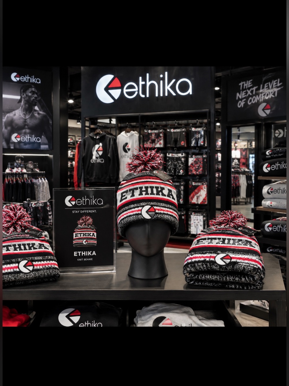 ethika Red Black White Pom Pom Knit Beanie